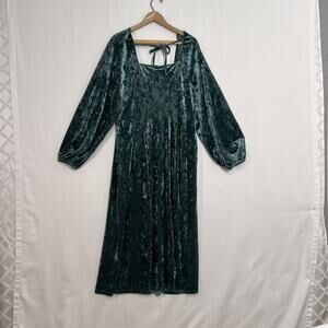 Ava & Viv Dress Womens 1X Green Crushed Velvet Square Neck Balloon Sleeve Midi